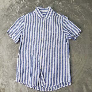 Mens Blue White Striped Short Sleeve Button Down Shirt Size L Linen Blend Look